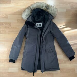 Aritzia TNA goose premium down Haven parka, mid length, with a faux fur hood
